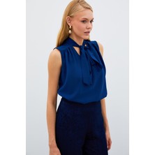 Sateen Fularlı Kolsuz Bluz - Lacivert