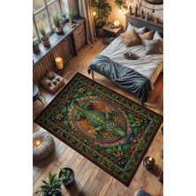 Homshtag Nuh'un Gemisi Koleksiyonu Timsah Temalı Çiçekli Yeşil Renkli Bordürlü Şık Konsept Halı