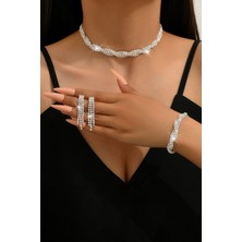 Chavin Düğün Nişan Kına Zirkon Taşlı Bayan Kolye Küpe Bileklik Set EV15