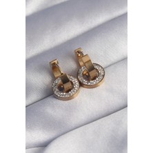 Pilelistore 316L Çelik Gold Renk Zirkon Taşlı Iç Içe Geçmeli Oval Küpe - TJ-BKP9014