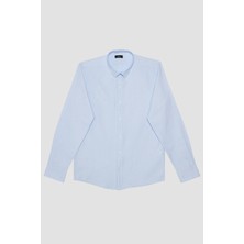 Tudors Erkek Modern Fit Dar Kesim Pamuklu Kolay Ütü Armürlü Mavi Gömlek