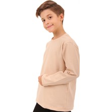 Perendi 2'li Bisiklet Yaka Uzun Kollu Çizgili ve Düz Unisex Çocuk Sweatshirt Haki Bej-Bej