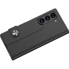 Appfube Galaxy Z Fold 6 Kılıf Suni Deri Tasarımlı Magnetik Tokalı ve Kartlıklı Zore Kıpta Zegna Kapak-Siyah