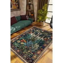 Homshtag Art Deco Tropikal Orman Vintage Halı Görünümlü Dijital Baskı Yeşil Renk Rustik Çiçekli Halı