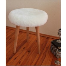 Tekno Trust 40 x 45 Gürgen Ahşap Retro Ayak Dekoratif Beyaz Pelüş Puf Tabure Bench Koltuk Sandalye Retro 6 Ay M