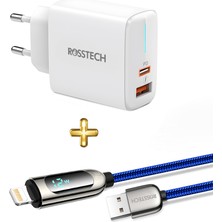 Rosstech 20W Pd Hızlı Şarj Adaptörü + 12W Lightning To USB Dijtal Ekranlı Hızlı Şarj Kablosu Seti