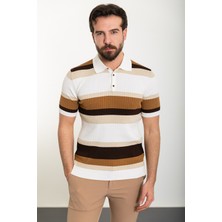 MCR Çizgili Ekru Slim Fit Polo Yaka Erkek Triko T-Shirt
