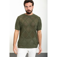 MCR Desenli Haki Oversize Bisiklet Yaka Erkek Triko T-Shirt