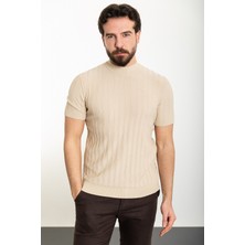 MCR Çizgili Bej Slim Fit Yarım Balıkçı Yaka Erkek Triko T-Shirt