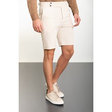 Düz Bej Super Slim Fit Kemerli Keten Erkek Şort