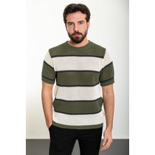MCR Yatay Çizgili Haki Slim Fit Bisiklet Yaka Erkek Triko T-Shirt
