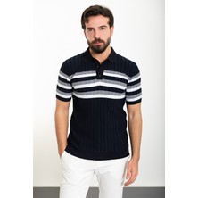MCR Çizgili Lacivert Slim Fit Polo Yaka Erkek Triko T-Shirt