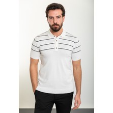 Çizgili Ekru Slim Fit Polo Yaka Erkek Triko T-Shirt