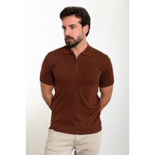Düz Kiremit Slim Fit Fermuarlı Polo Yaka Erkek Triko T-Shirt