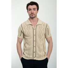 Desenli Bej Oversize Kısa Kollu Erkek Triko Gömlek