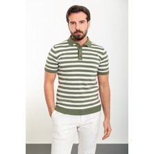 MCR Yatay Çizgili Haki Slim Fit Polo Yaka Erkek Triko T-Shirt