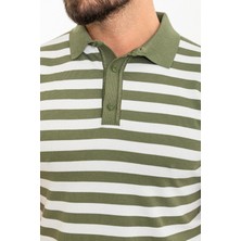 MCR Yatay Çizgili Haki Slim Fit Polo Yaka Erkek Triko T-Shirt