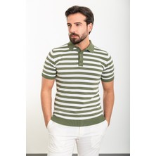 MCR Yatay Çizgili Haki Slim Fit Polo Yaka Erkek Triko T-Shirt