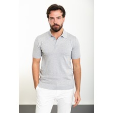 Düz Gri Slim Fit Polo Yaka Erkek Triko T-Shirt
