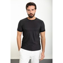 Çizgili Siyah Slim Fit Bisiklet Yaka Erkek T-Shirt