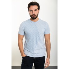 Desenli Mavi Slim Fit Bisiklet Yaka Erkek T-Shirt