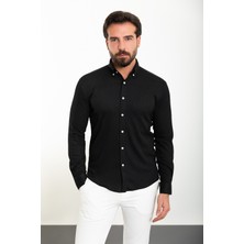 Çizgili Siyah Slim Fit Uzun Kollu Gofre Erkek Gömlek
