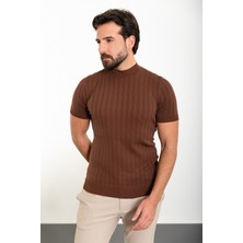 MCR Çizgili Kiremit Slim Fit Yarım Balıkçı Yaka Erkek Triko T-Shirt