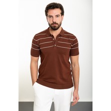 Çizgili Kiremit Slim Fit Polo Yaka Erkek Triko T-Shirt