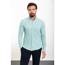 Çizgili Açık Yeşil Slim Fit Uzun Kollu Gofre Erkek Gömlek