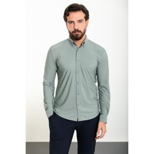 Çizgili Açık Yeşil Slim Fit Uzun Kollu Erkek Gömlek