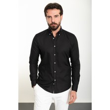 Düz Siyah Slim Fit Uzun Kollu Erkek Gömlek