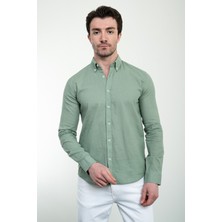 Düz Açık Yeşil Slim Fit Keten Erkek Gömlek