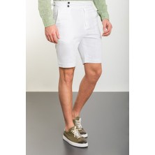 Düz Beyaz Super Slim Fit Kemerli Keten Erkek Şort