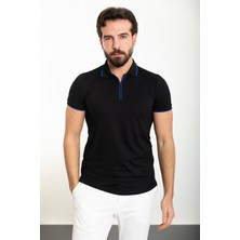 MCR Düz Siyah Slim Fit Fermuarlı Polo Yaka Erkek T-Shirt