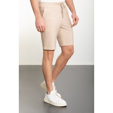 MCR Çizgili Bej Super Slim Fit Beli Lastikli İpli Erkek Şort