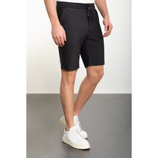 MCR Çizgili Siyah Super Slim Fit Beli Lastikli İpli Erkek Şort