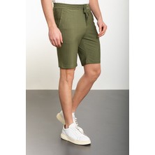 MCR Çizgili Haki Super Slim Fit Beli Lastikli İpli Erkek Şort