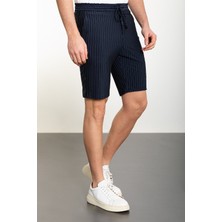 MCR Çizgili Lacivert Super Slim Fit Beli Lastikli İpli Erkek Şort