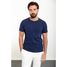 Düz Lacivert Slim Fit Bisiklet Yaka Erkek T-Shirt