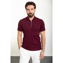 Düz Bordo Slim Fit Fermuarlı Polo Yaka Erkek T-Shirt