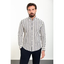 Çizgili Lacivert Slim Fit Uzun Kollu Keten Erkek Gömlek