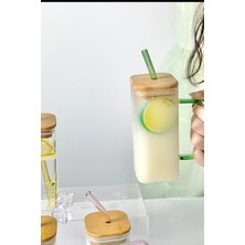 Gilli Store Bambu Kapaklı Borosilikat Renkli Pipetli Cam Bardak Kahve Sunum Isıya Dayanıklı 350ML