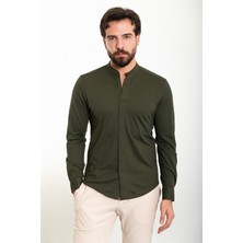 Düz Haki Slim Fit Hakim Yaka Uzun Kollu Erkek Gömlek