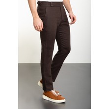 MCR Düz Kahverengi Slim Fit Kemerli Keten Erkek Pantolon