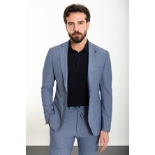 MCR Çizgili Indigo Slim Fit Torba Cep Mono Yaka Gofre Erkek Takım Elbise