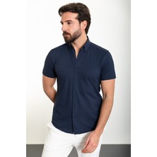 Düz Lacivert Slim Fit Kısa Kollu Erkek Gömlek