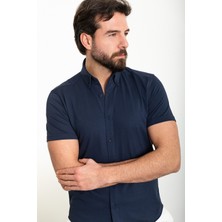 Düz Lacivert Slim Fit Kısa Kollu Erkek Gömlek