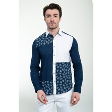 Parçalı Desenli Lacivert Slim Fit Keten Erkek Gömlek