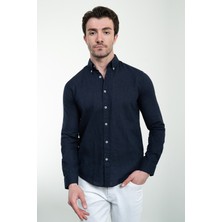 Düz Lacivert Slim Fit Keten Erkek Gömlek