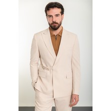 Düz Bej Slim Fit Geniş Yaka Kemerli Erkek Takım Elbise